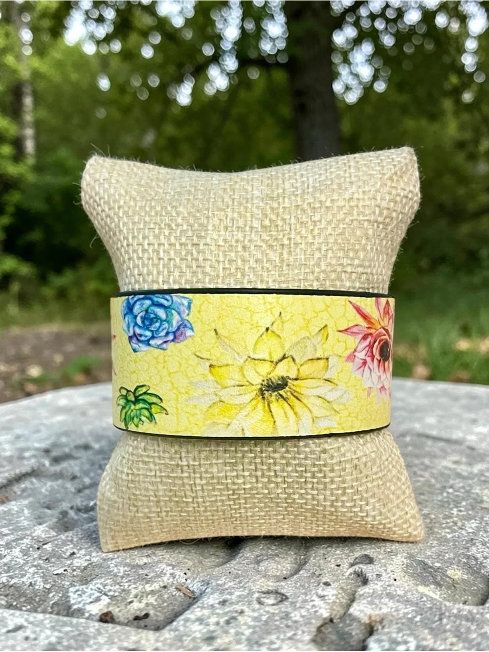 Story by Davinci Yellow Leather Floral Cuff Bracelet NWOT